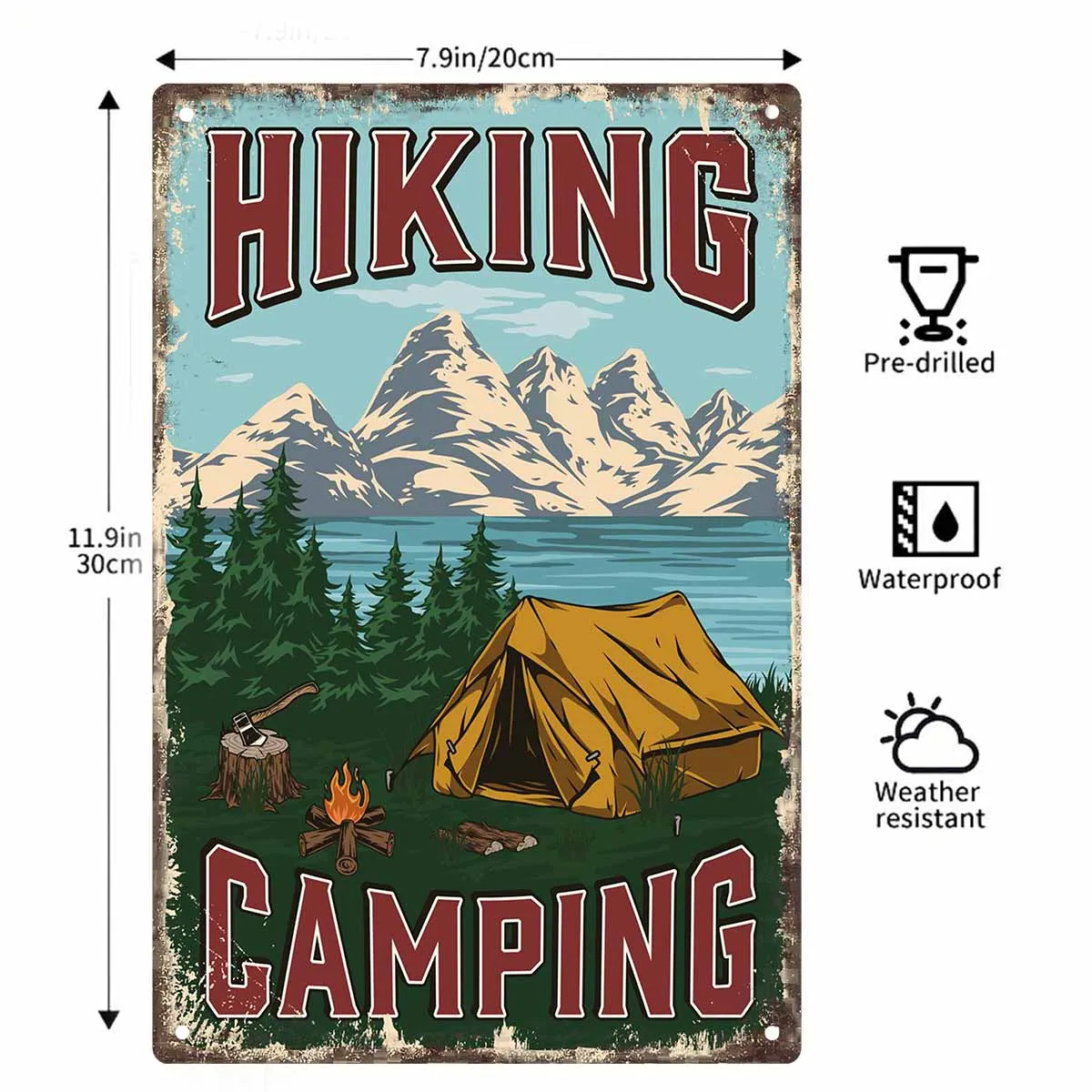 2D FLAT 1pc Vintage Hiking Camping Mountain Lake Tent Metal Wall Sign Decoration for Home Cabin Garage Bedroom Porch And Garden