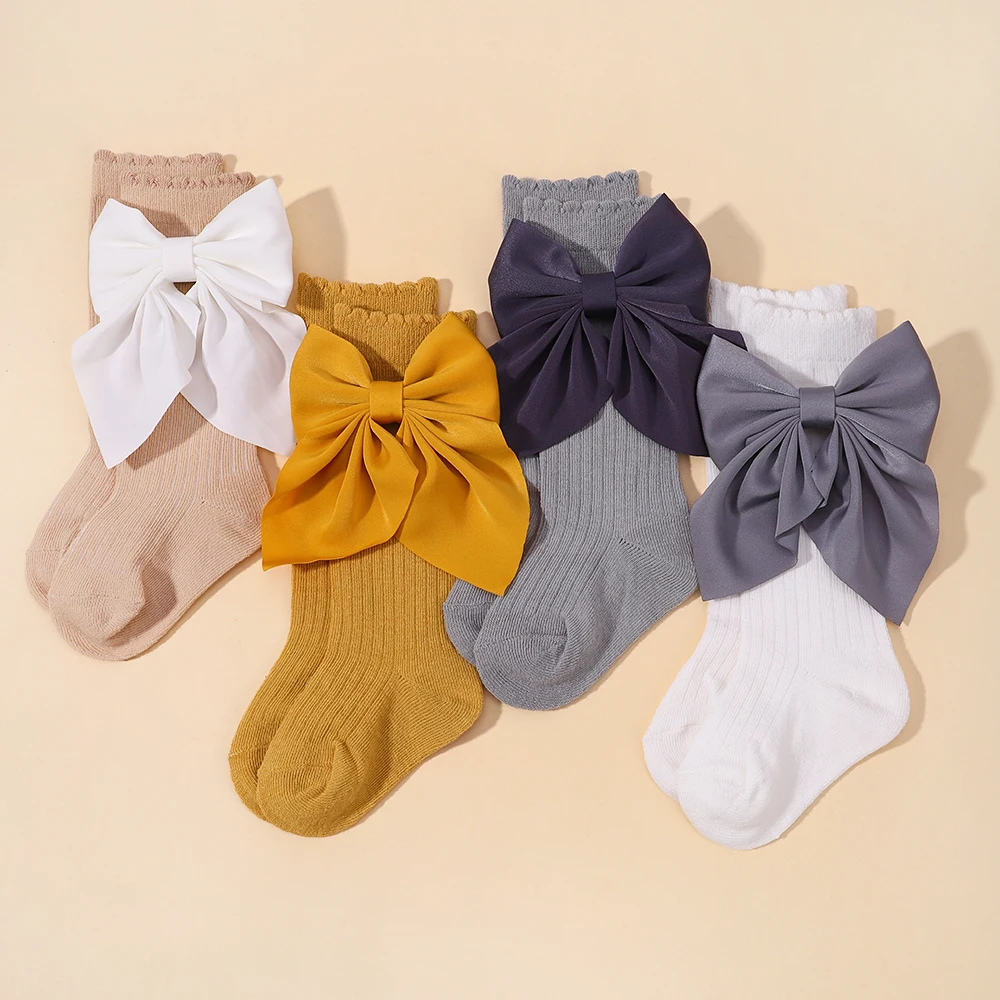 

3Pcs/Set Kids Cute Solid Knit Socks Big Bows Hairpin Set Soft Elastic Socks Girls Baby Hair Accessories Hairclip Gift 6-10 Years