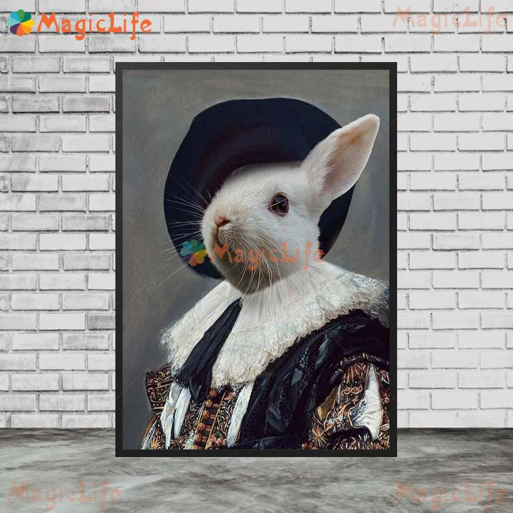 Funny Pet Dog Rabbit Royalty Portrait Posters Wall Pictures For Living Room Nordic Poster Wall Art Canvas Painting Unframed