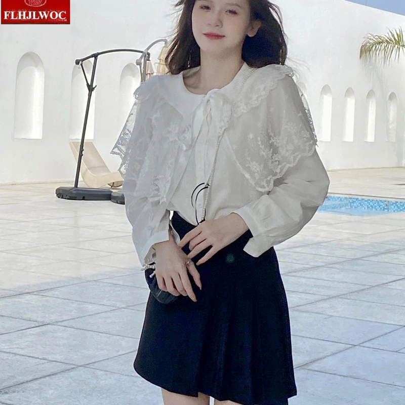 القطن الكشكشة مقوس دانتيل القوس التعادل القمم المرأة الكورية نمط اليابان الفتيات طويلة الأكمام أنيقة لطيف الشريط الحلو الأساسية قمصان بيضاء البلوزات