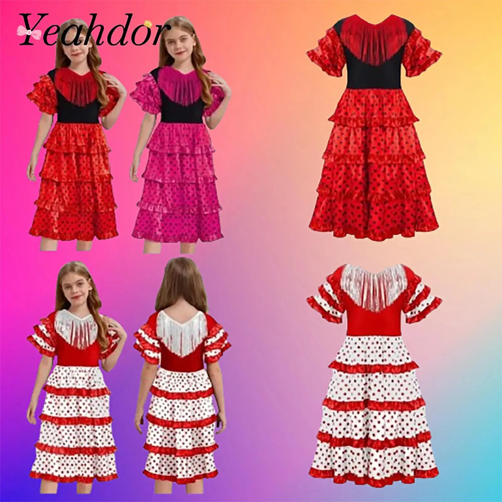 

Kids Dots Tassel Ruffle Tiered Spain Dance Dress Spanish Bullfight Red Dresses For Girls Dance Show Folklorico Flamenco Costume