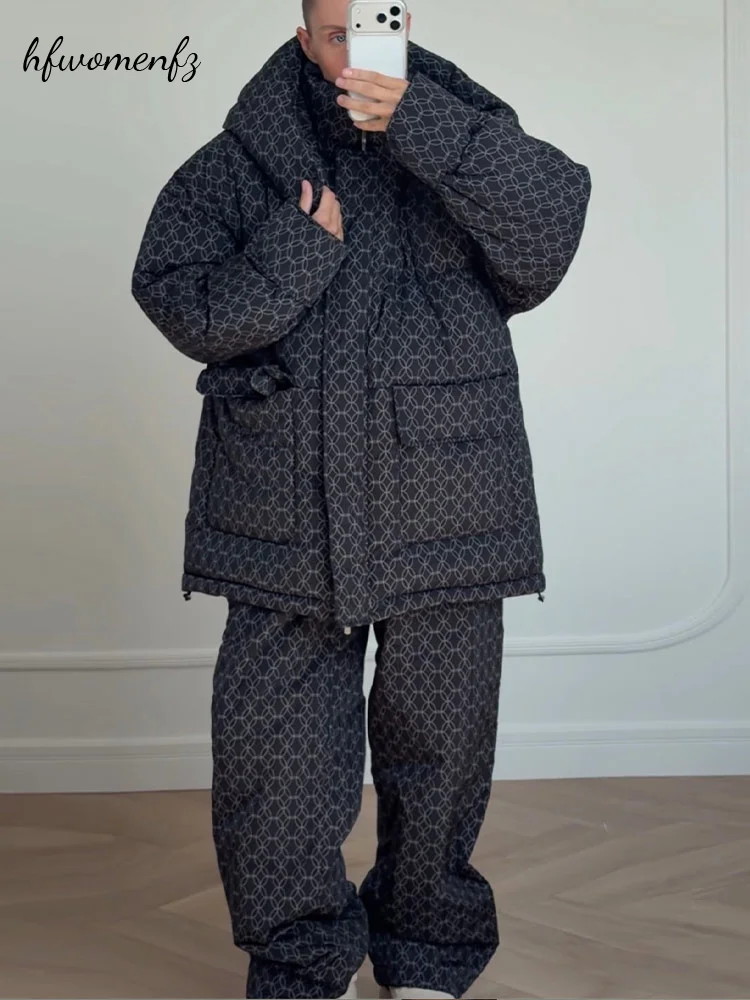 Oversized Geometric Print Women's 2 Piece Set Hooded Puffer Jacket Wide Leg Pants 2026 Fashion Thick Warm Cotton Padded Outfits