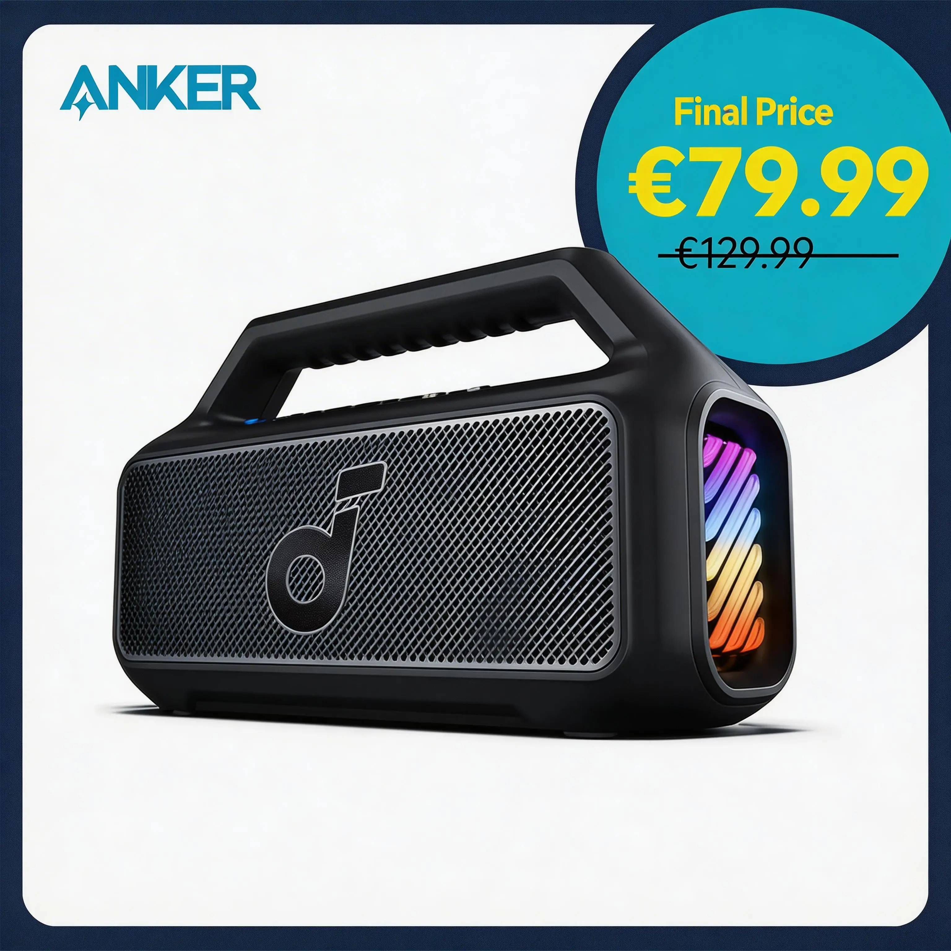 soundcore by Anker, Boom 2 Outdoor Speaker, 80 W, Subwoofer, BassUp 2.0, 24 Hours Battery, IPX7 Waterproof & Floats, LED Light(code available)