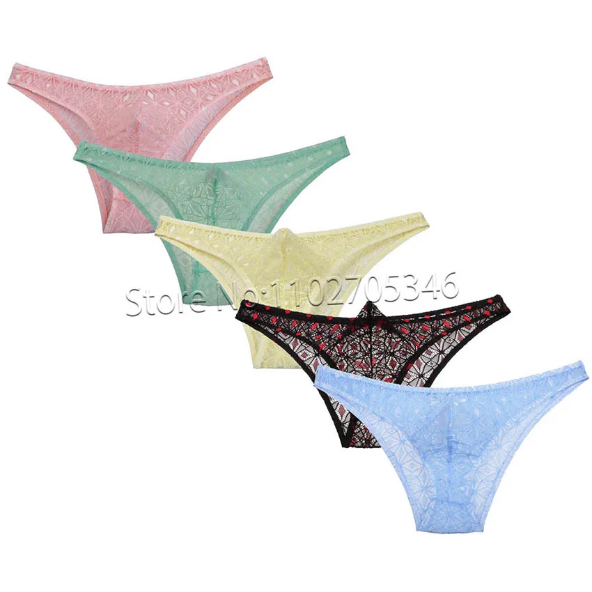 Men\'s Sheer Rhombus Male Lace Briefs See-through Pouch Bikinis Bugle Pouch Sissy Panties Ultra-Thin Underwear