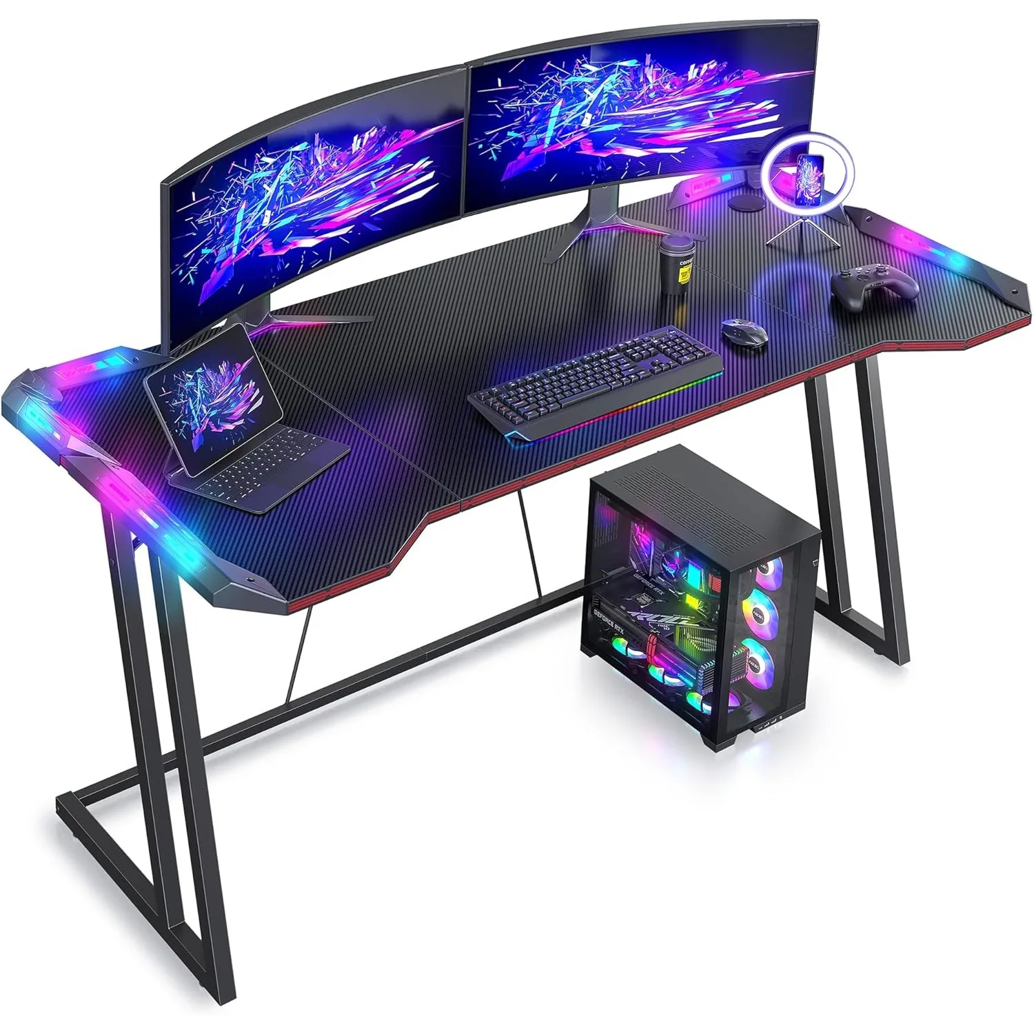 

55 Inch Z-Shape Gaming Desk with LED Lights, Carbon Fiber Finish, Cable Management, Black
