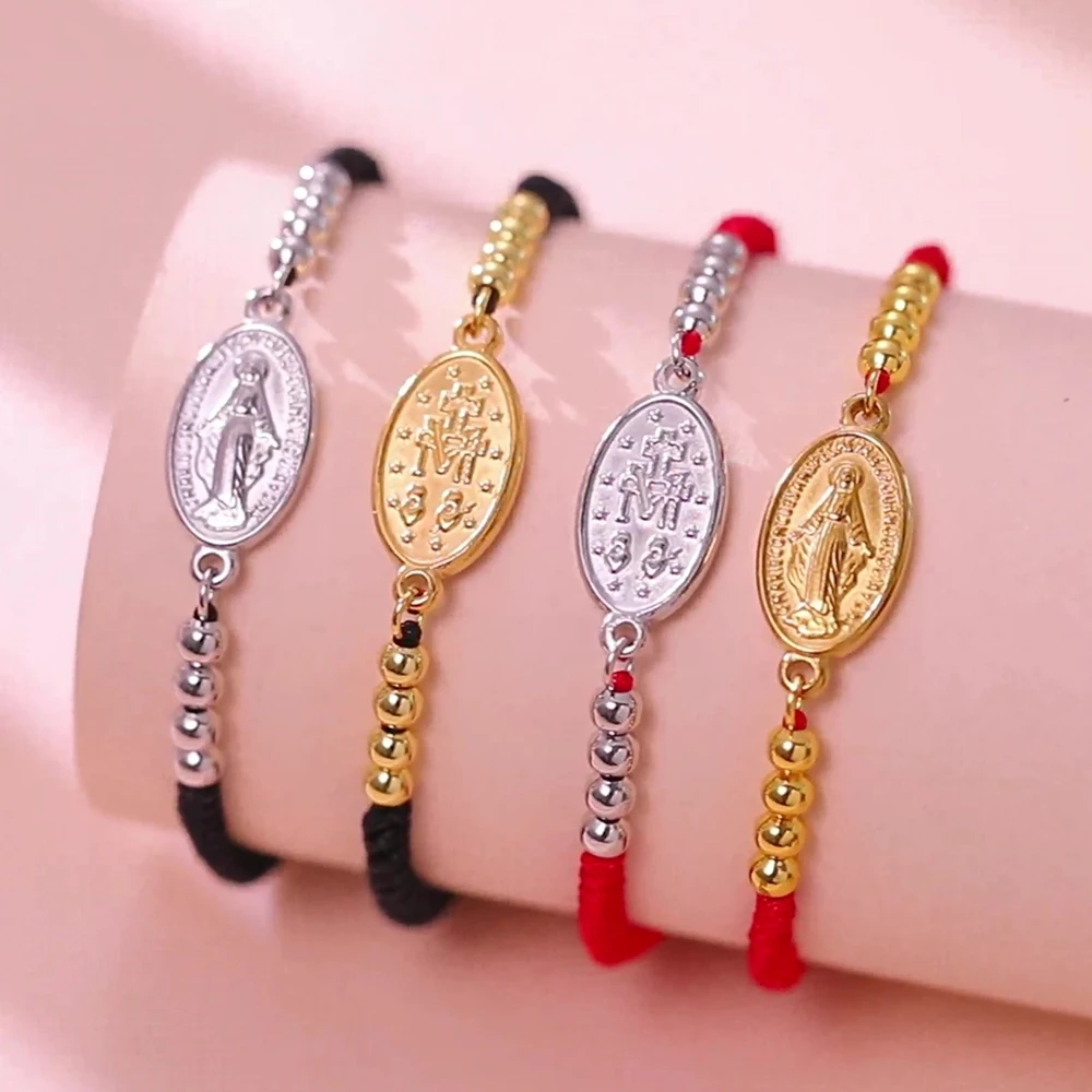 Skyrim Stainless Steel Virgin Mary Charm Bracelet Black Red Braided Rope Bracelets Mother of Jesus Catholic Blessed Jewelry Gift