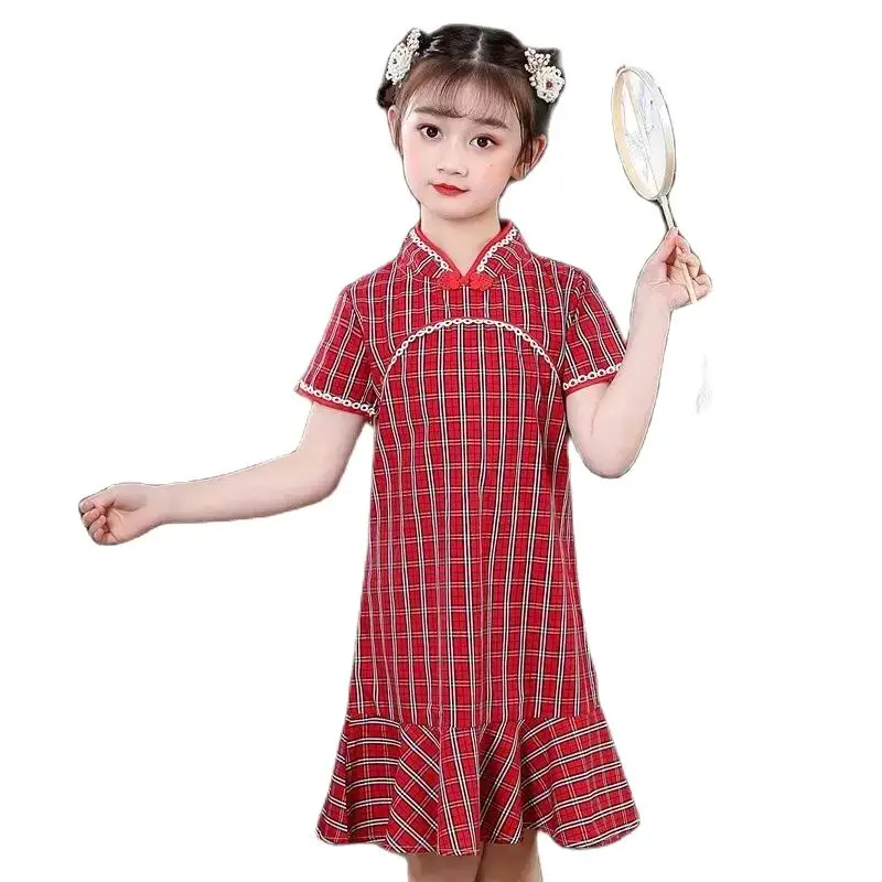 Chinese Kid Child Girl Checkered Cheongsam Dress girls Qipao Cotton Dress New Year gift Party Evening Wear