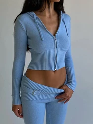 Ensemble 2 Pièces de Survêtement à Manches sulfpour Femme, Pull à Capuche avec Fermeture Éclair, Veste Crop Top, Pantalon Évasé, Extensible, Assressenti, Trempé