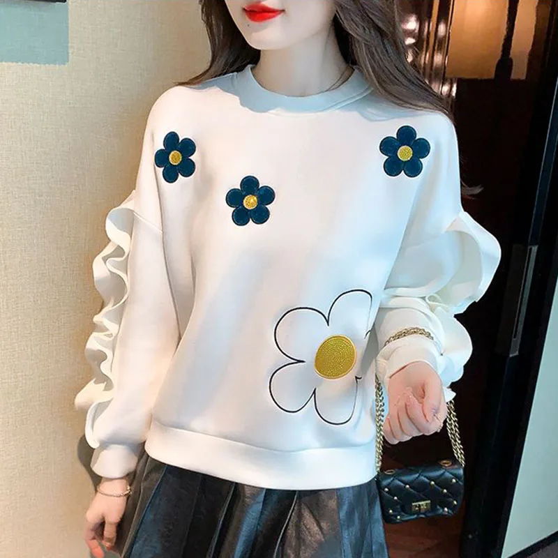 White Sweatshirts Women Ruffles Printing Long Sleeve Sweet Pullover Fashion Casual Loose Pretty Style Tops