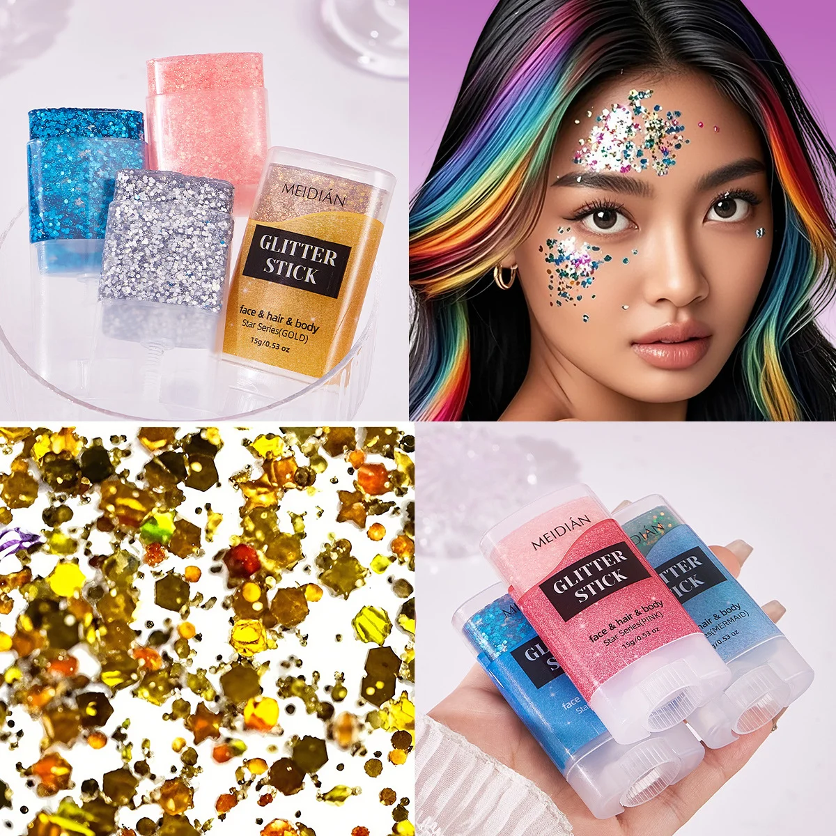 1Pcs Glitter Stick for Face Body & Hair, Mermaid Sequin Gel, Long-Lasting Shine for Carnival,  Parties, Festival Makeup Tool