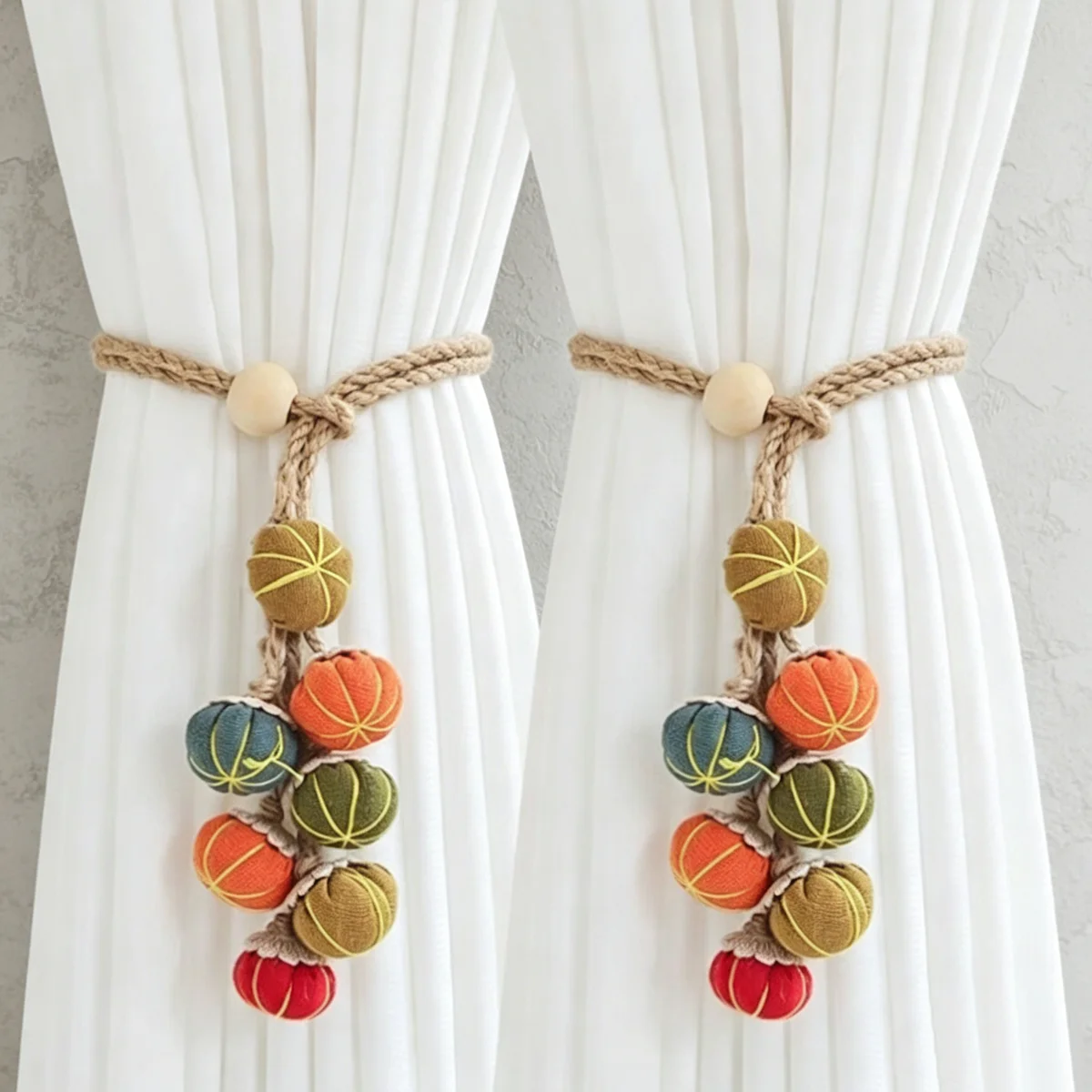 1 Pair Vintage Multicolor Fabric Mini Pumpkin Curtain Tiebacks, Linen Braided Wood Bead Drape Holdbacks for Fall Farmhouse Windo