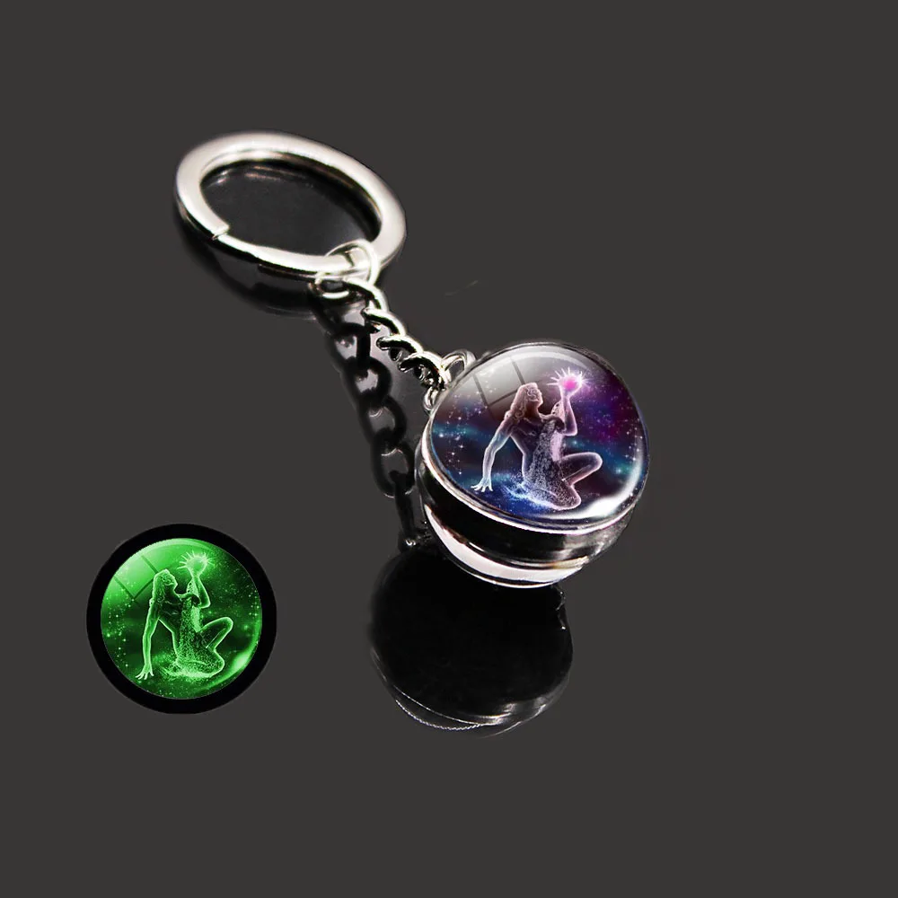 Hot selling dream twelve constellations luminous double-sided glass ball key chain pendant accessories Fashion Charm small gift