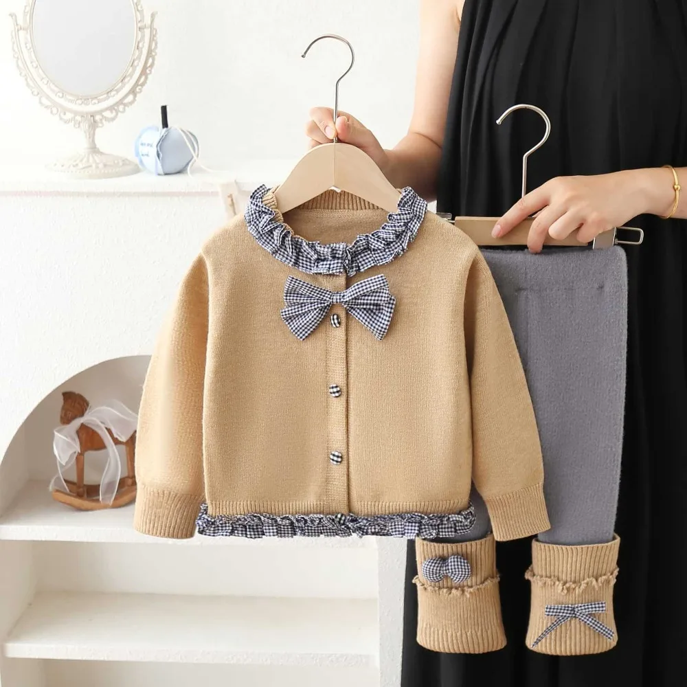2026 Autumn Winter Girls Knit Two Piece Set, Plaid Spliced Knit Cardigan With Bow Decor Leggings Outfit for 90-130cm