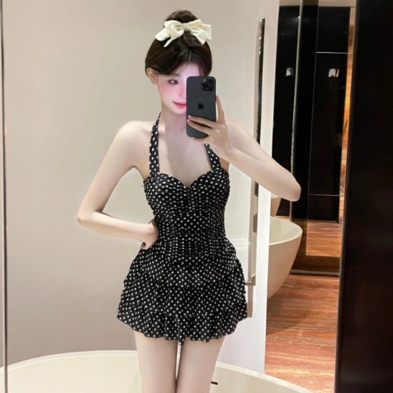 

Black Polka Dots Swimwear Vintage Cake Swim Dress One-piece Swimsuit