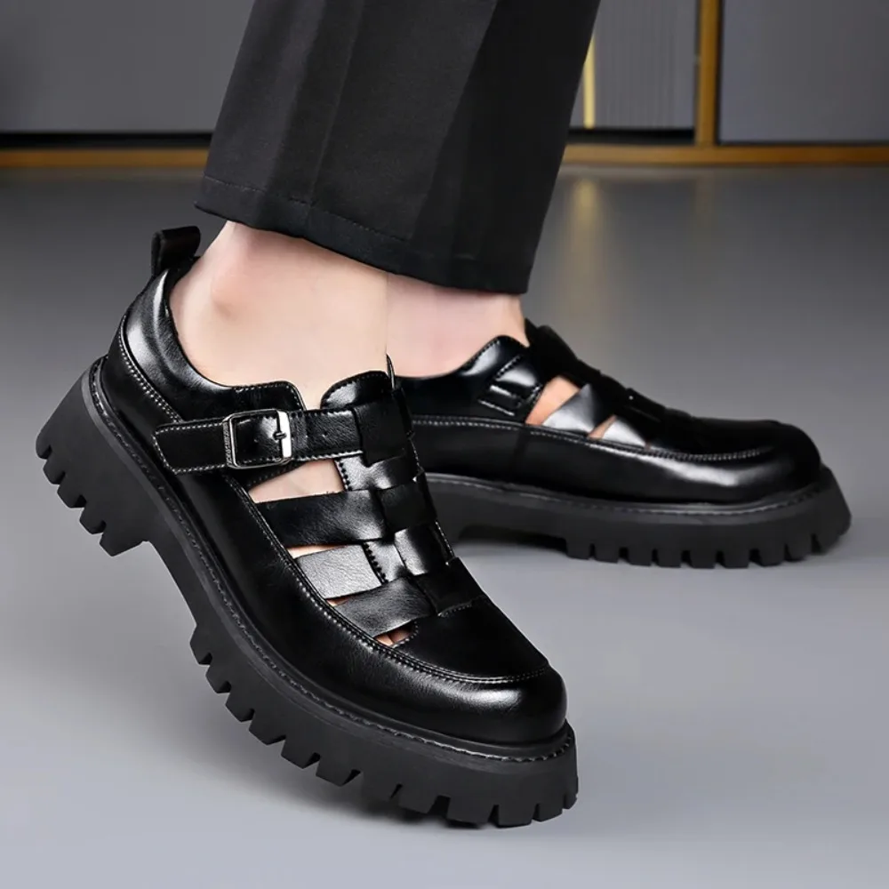 Men's Comfortable Sandals 2026 New Summer Wear Leather High-end Brand Hollow Hole Height Increased By 5cm Sandal Shoes
