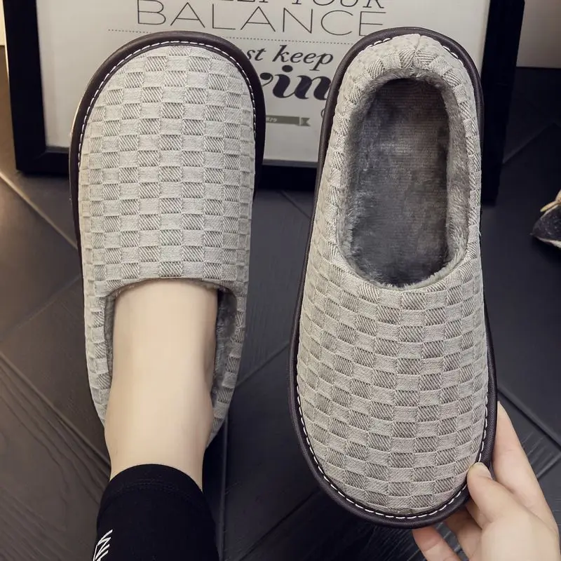 Men's Cotton Slippers Non Slip Indoor Soft Sole Fleece Lined Winter Couple's Footwear Home Use Comfortable Shoes for Men