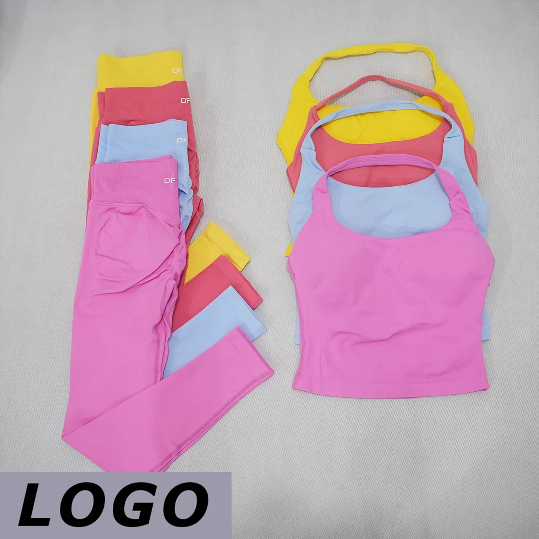 DF-LOGO Women Seamless 2 Piece Fitness Set U Neck Vest High Waist Butt Lifting Biker Shorts Soft Stretch Tummy Control Pilates