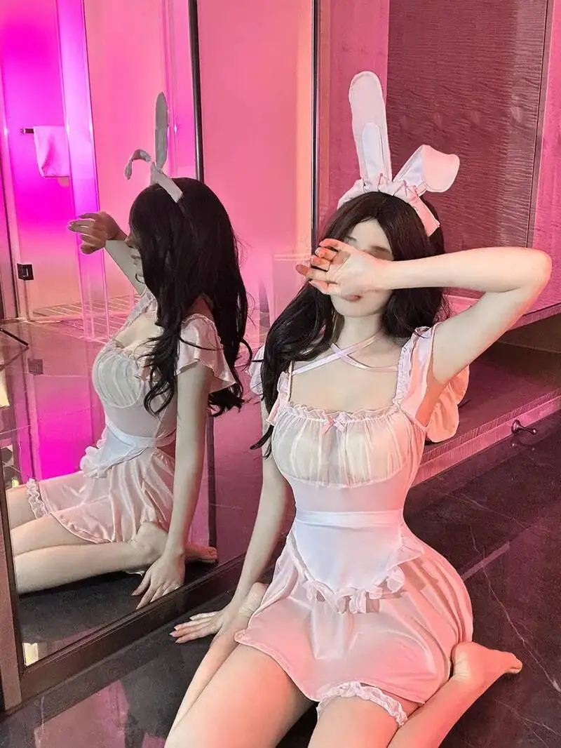 Erótico sm malha pura rosa empregada topos sexy renda suspender coelho menina uniforme vestido feminino elegante 2025 novos topos coreano iqi4