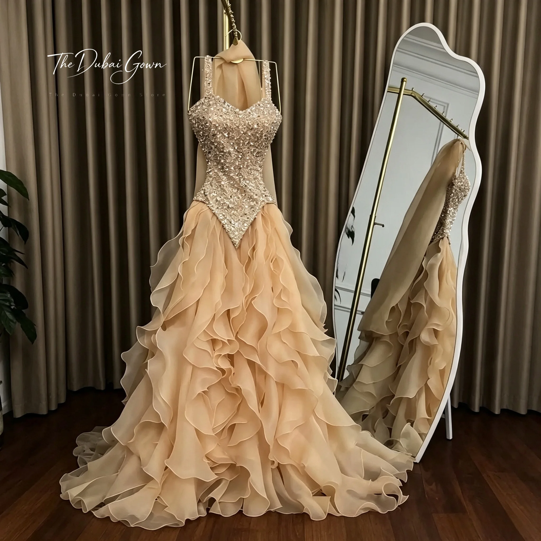 Luxury Trend Spaghetti Strap Ball Gown Tiered Ruffled Cape Sequin Beading Chiffon Floor Length Puffy Evening Prom Party Dress