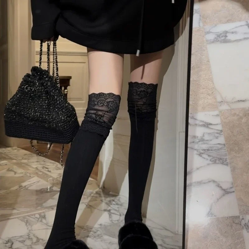 Socks Women Sexy Autumn/Winter Solid Color Thigh High Lace Cute Lolita Thick Warm Stockings Black White Overknee Long Leg Socks