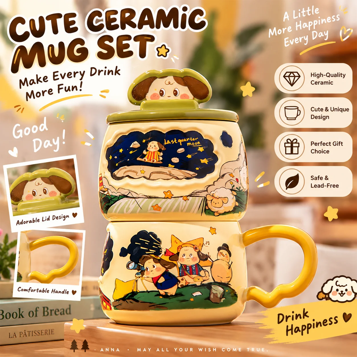 2026 Latest Cute Dog Sticker Cup for Women, High-Beauty Ceramic Mug with Lid, Birthday Gift for Home Use, Drinking Cup