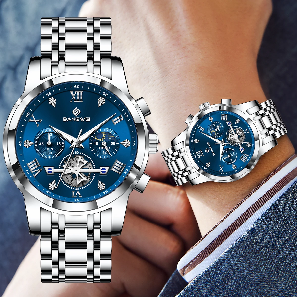 LIGE Quartz Watch for Men Flywheel Skeleton Chronograph Moon Phase Multifunctional Stainless steel Men's Wristwatches