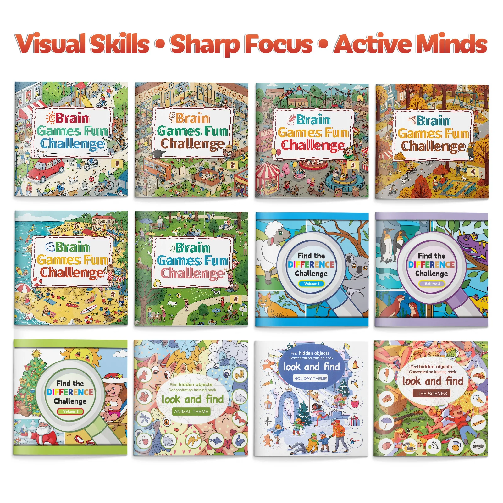 Visual Skills and Focus Challenge Set for Kids, A 12-Book Collection Combining Brain Games, Spot-the-Difference