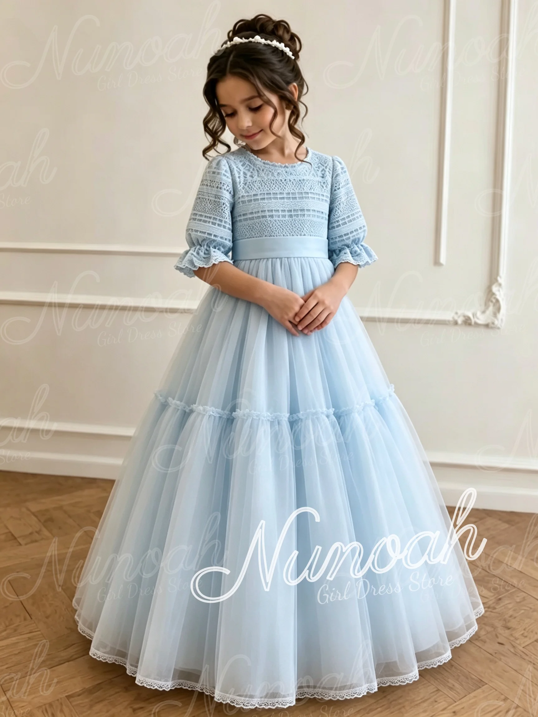 Blue Flower Girl Dresses for Wedding Lace Floor Length Elegant Baby Girl Birthday Ball Gowns First Communion Gowns Customized