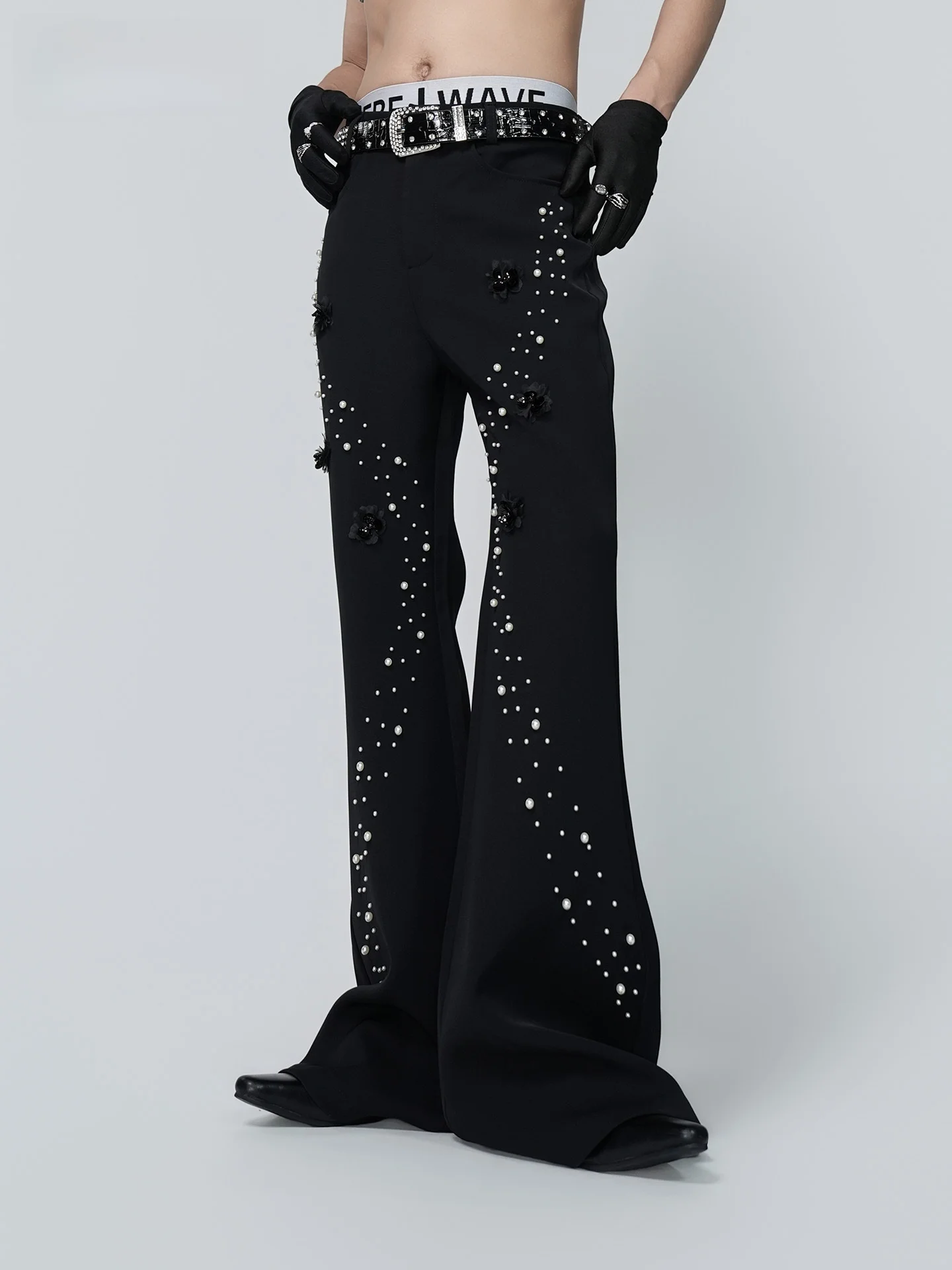 VE2 Korean Style High Waist Bell Bottom Pants Men's Anti-Wrinkle Bead Design Floor Length Draping Trousers Casual Dance Perfo...