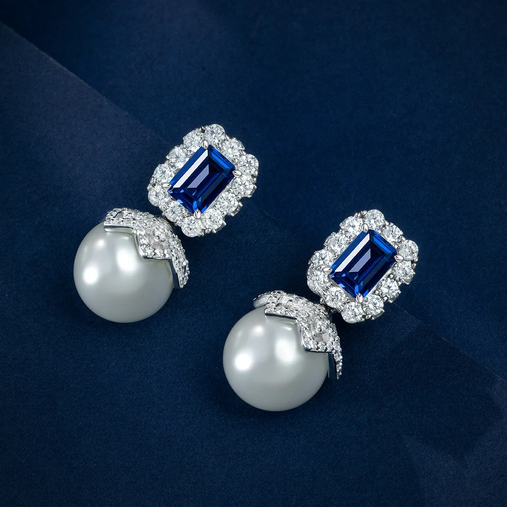 

New S925 silver rectangular surround set with 5 * 7 cultured gemstones, 1ct retro pearl earrings, detachable wedding jewelry