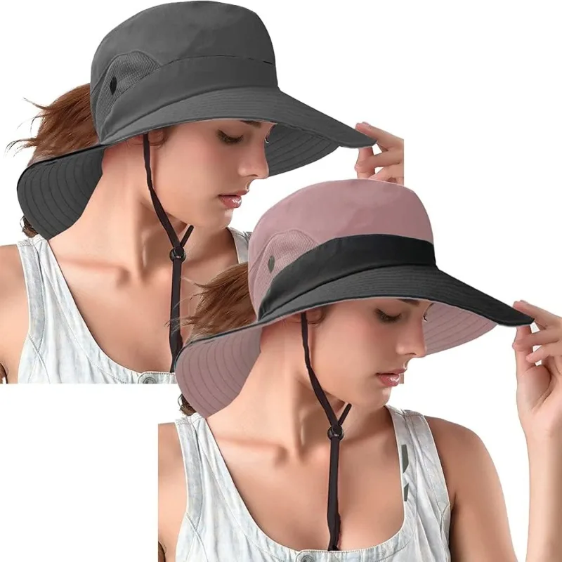 Ponytail Sun Bucket Hats for Women UV Protection Foldable Mesh Wide Brim Hiking Beach Fishing Summer Safari