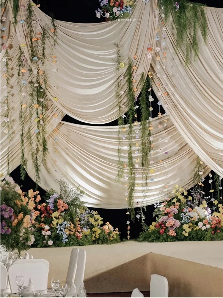 60 m lange Hochzeitsbühnendekoration, neuer Hintergrund, transparente Vorhänge aus elastischem Milchseidenstoff – Detail 7