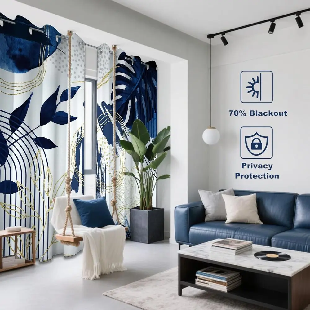 ستائر النخيل الحديثة باللونين الأزرق الداكن والأبيض في منتصف القرن، طراز بوهو، 96 طول، 2 لوحة، 52x96