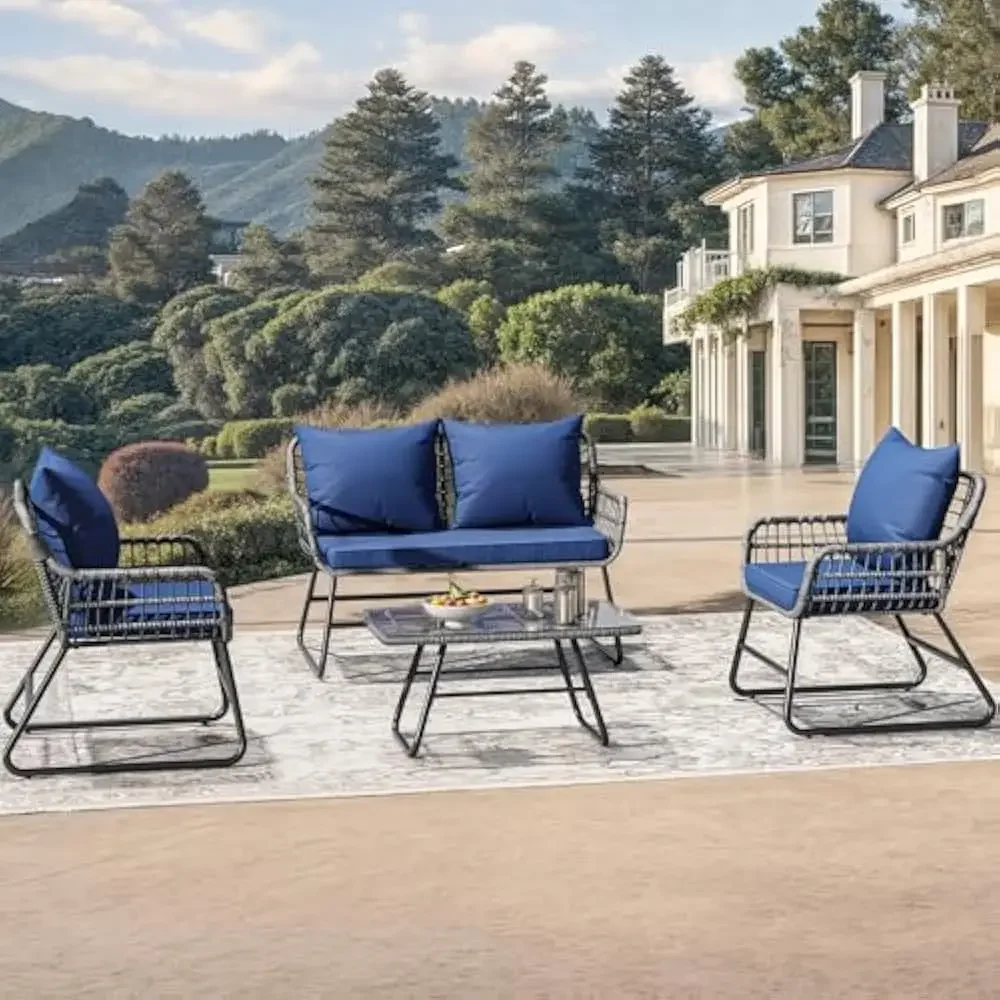

4-Piece Patio Furniture Set, Wicker Outdoor Bistro Set, All Weather Rattan Conversation Set w/Soft Cushions and Glass Side Table