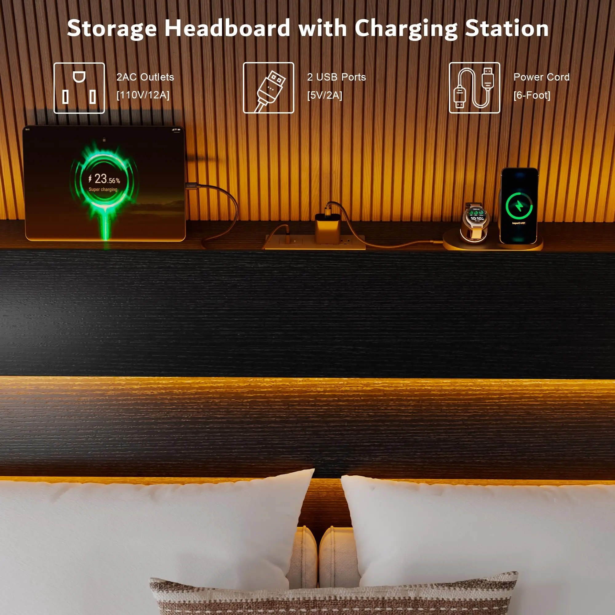 Queen Floating Bed Frame with LED Lights & Charging Station, Platform Bed with Wooden Storage Headboard, Steel Slats image 4