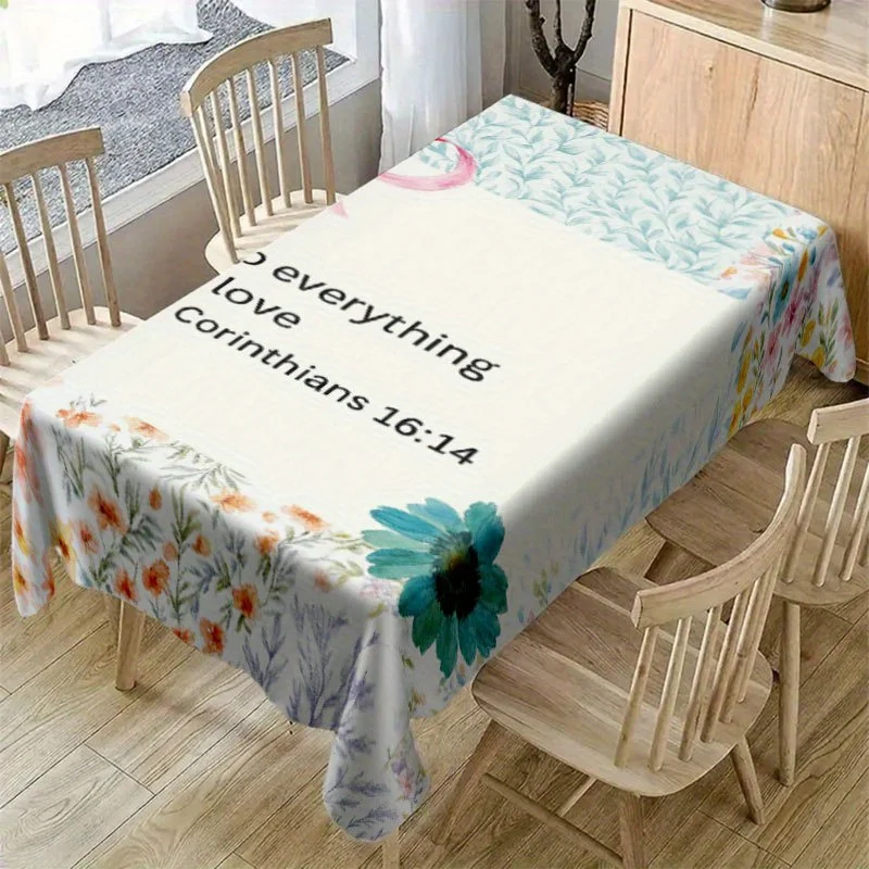Inspirational Quote Tablecloth, Soft Floral Bible Verse Art Print Waterproof Table Cover, Washable for Indoor Dining Table Decor