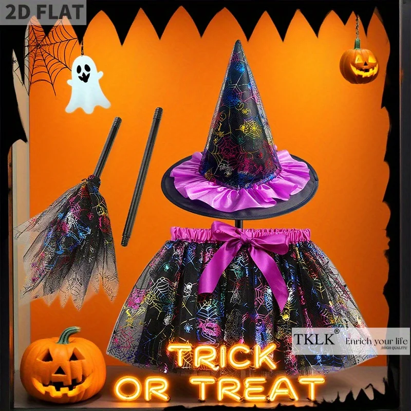 مجموعة واحدة من الأزياء والدعامة Spoktacular Creations زي ساحرة الهالوين، فستان مع قبعة ومكنسة، مجموعة ملابس الخفافيش للعب الأدوار
