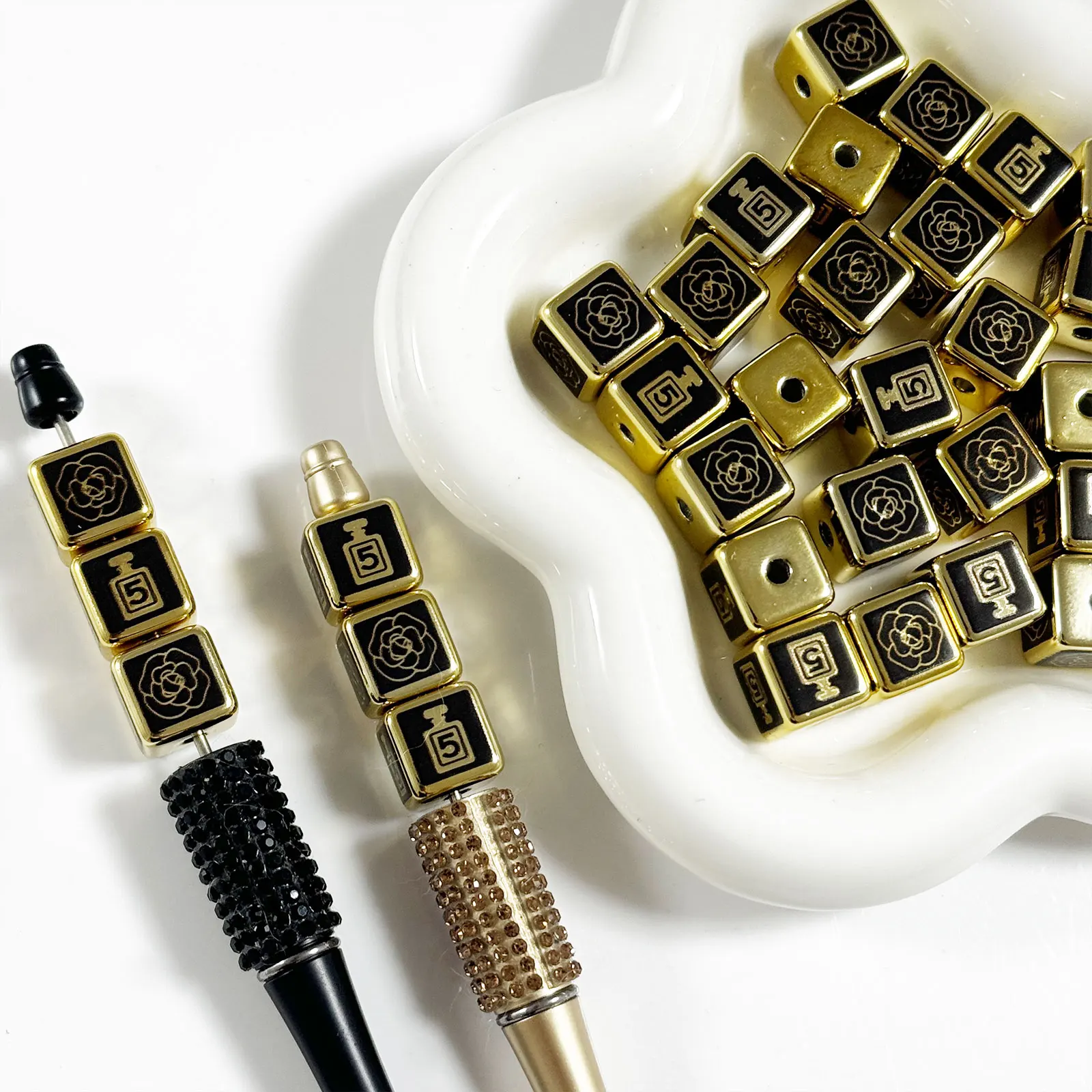 Fancy Black Gold Camellia Perfume Y2K Beads For Jewelry Making DIY Decoration Beadable Pen Phone Chain Key Ring Hair Accessories
