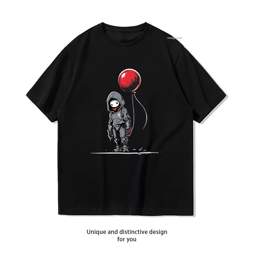 Robot Hoodie with Red Balloon T-Shirt Design  Casual Cotton Short Sleeve Tee for Men Women