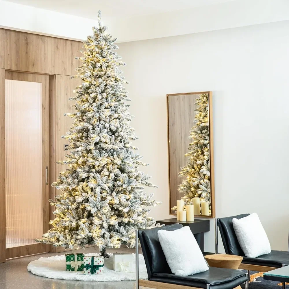 10ft Pre-Lit Flocked Fir Artificial Christmas Tree, with 750 Warm White Lights,Soporte De Metal Resistente,Christmas Trees