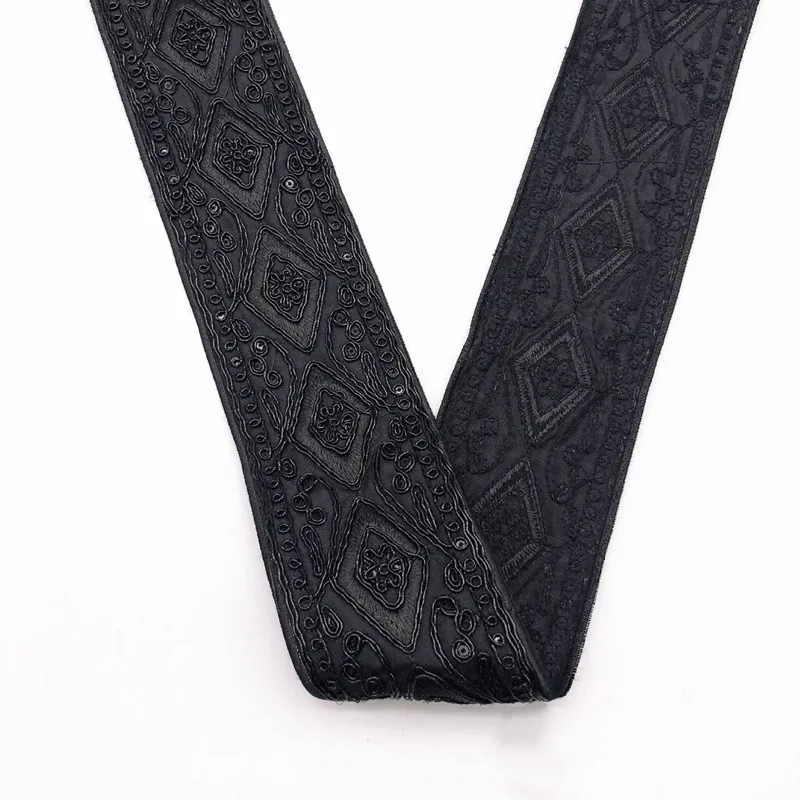 Black Lace Trim Ribbon Ethnic Clothing Embroidery Sequin Fabric Webbing Garment Accessories 1Yards