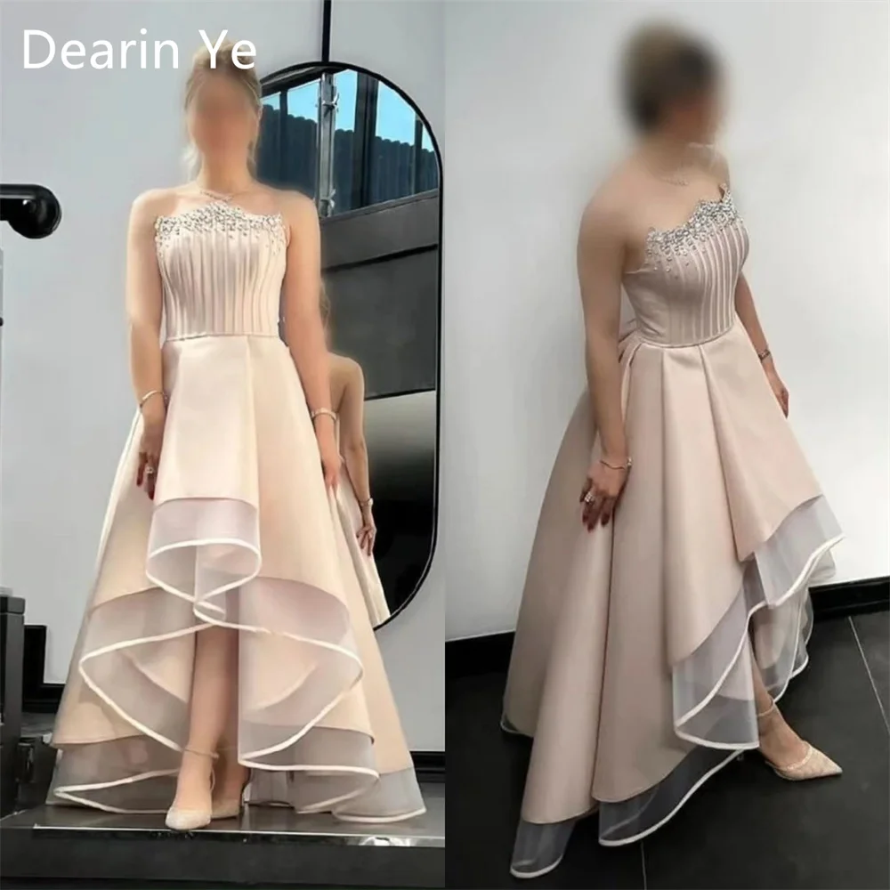 Customized Saudi Arabia Prom Gown Formal Evening Dearin Strapless A-line Hi-Lo Length Skirts Draped Tulle Sleevele