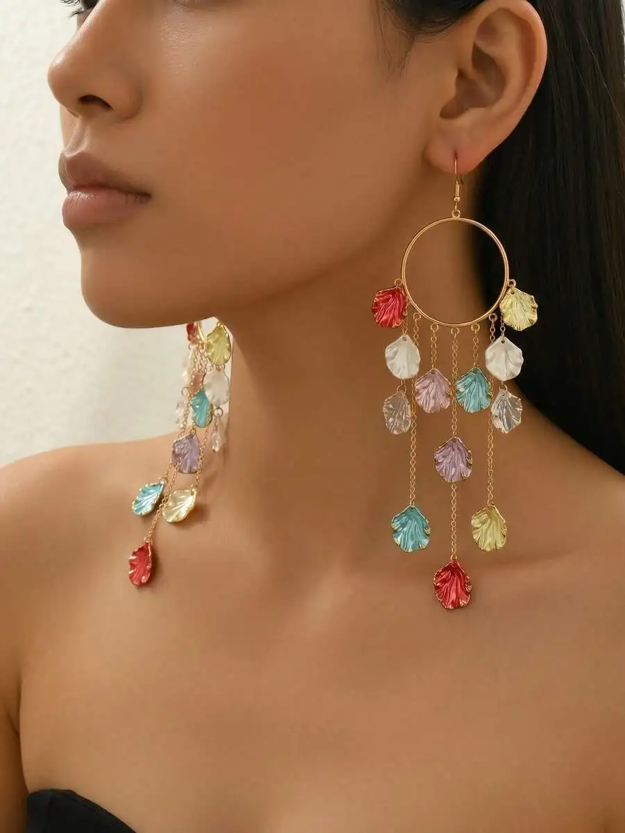 

Elegant Women Dangle Earrings Vintage Beach Style Big Circle Faux Shell Tassel Long Design