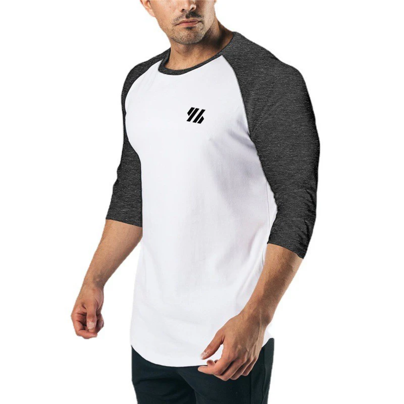 Men\'s Three Quarter Sleeves Cotton Slim Fit Shirts Fashion Color Contrast Sportswear Gym Bodybuilding Fitness Workout T-Shirts