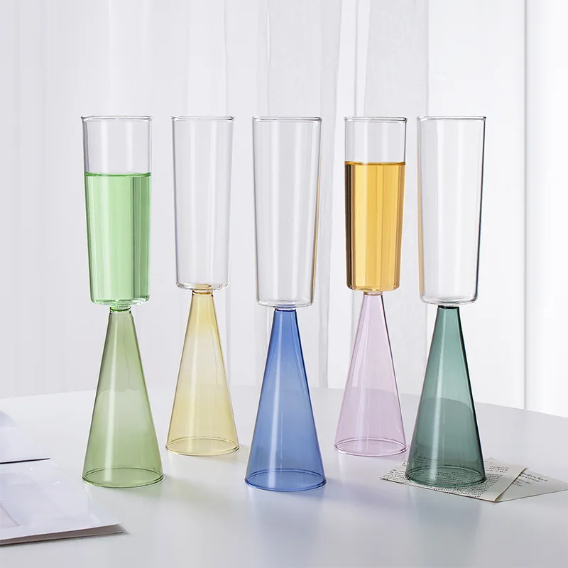 1 Piece 225ml Solid Color Glass Goblet Two Tone Glass Stemware Green Blue Yellpw Teal Pink Cone Shape Base Brief Champagne Flute