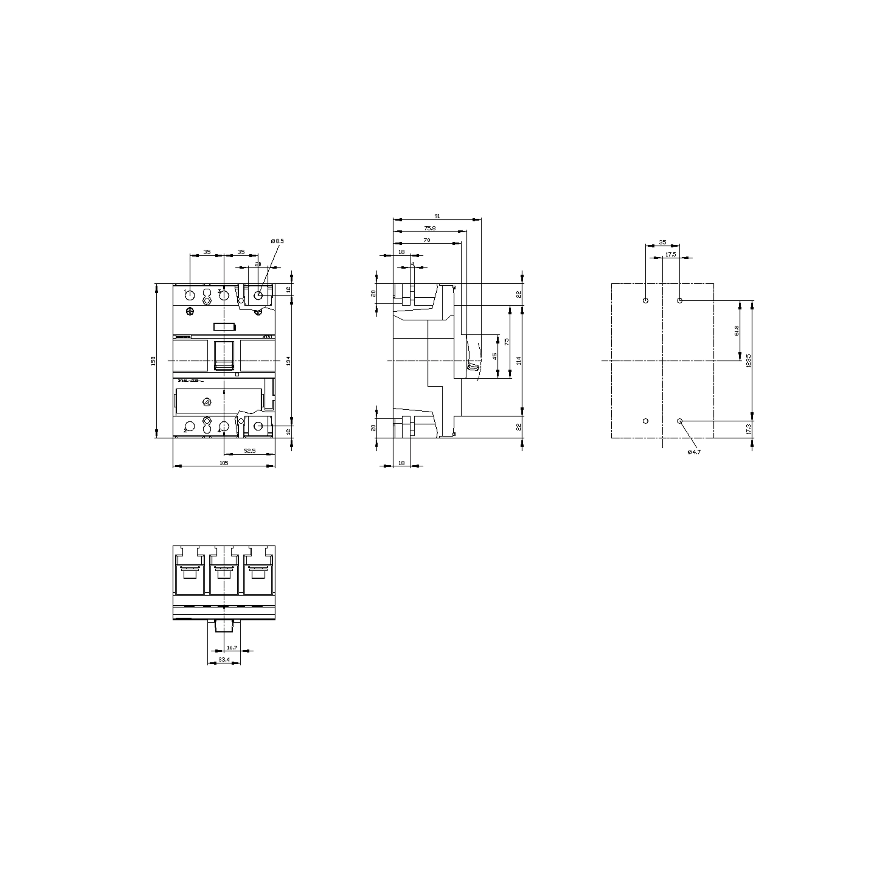 Circuit breaker 3VA1 IEC frame 250 on-off capability class S Icu=36 kA 415 V 3-pole 3VA1220-4EE32-0AA0 for