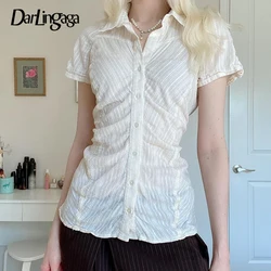 Darlingaga Fashion Chic Folds Summer Blouse Women Texture Stripe Buttons-Up Cardigan Shirt Korean French Tops Short Sleeve Basic