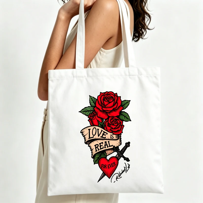 Women's red rose and heart graphic canvas tote bag, vintage style for daily shopping and casual outings