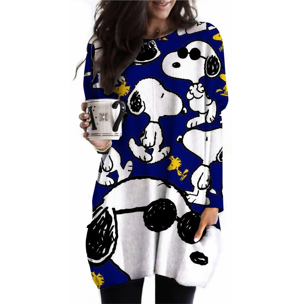 Camiseta de manga larga con cuello redondo para mujer, camiseta de gran tamaño 3XL, camiseta larga informal grande con bolsillo holgado de Snoopy para primavera y otoño