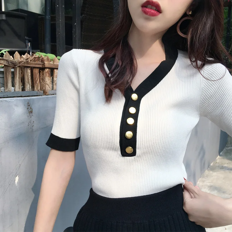 

Slim Knitting Button T Shirts Summer New Short Sleeve Solid Color V Neck All-match Korean Tops Tees Fashion Casual Women Clothes